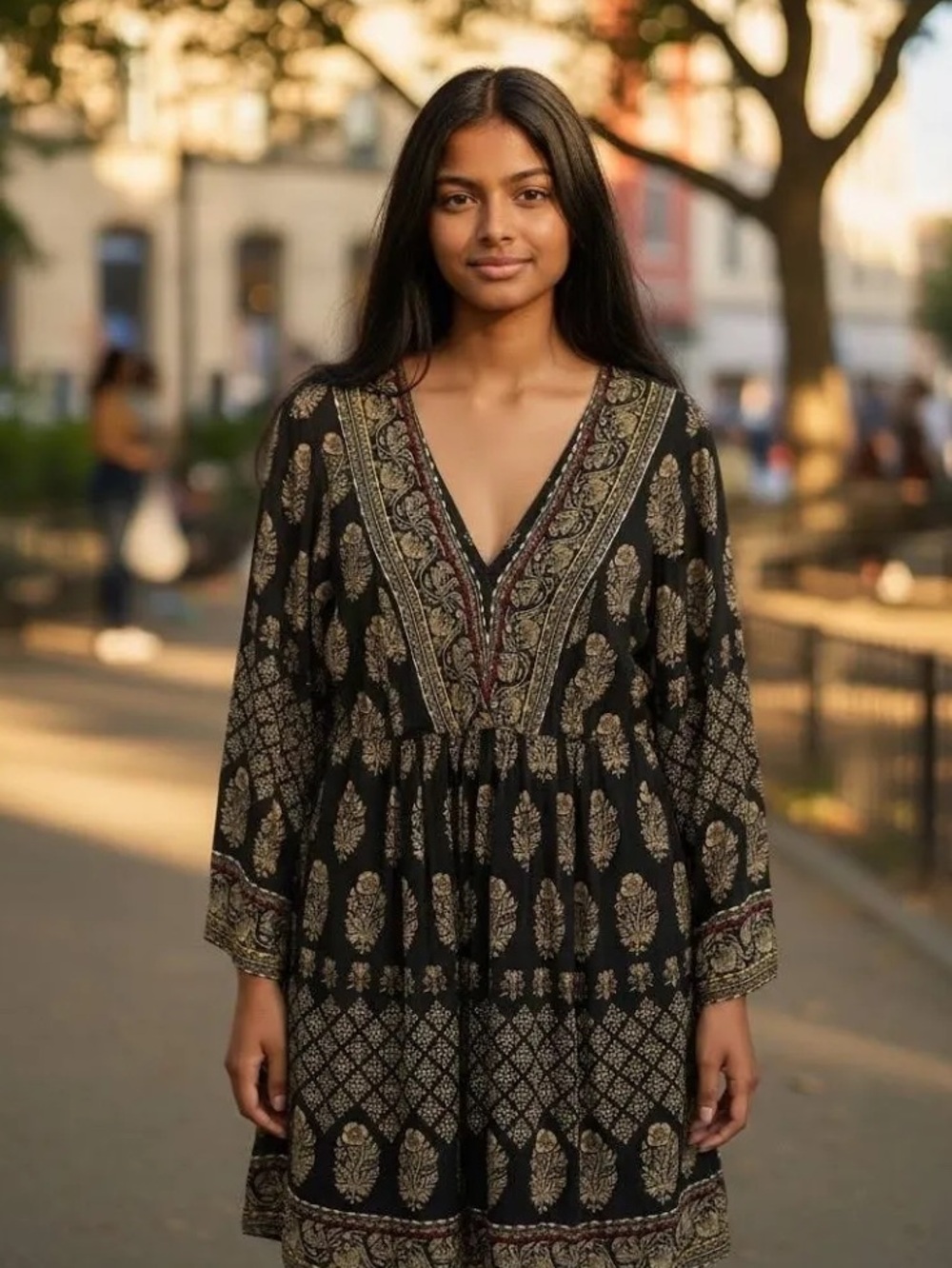 Anthropologie Black and Gold Patterned Tunic dress
